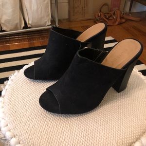 Lulus black slide on open toe mule heels